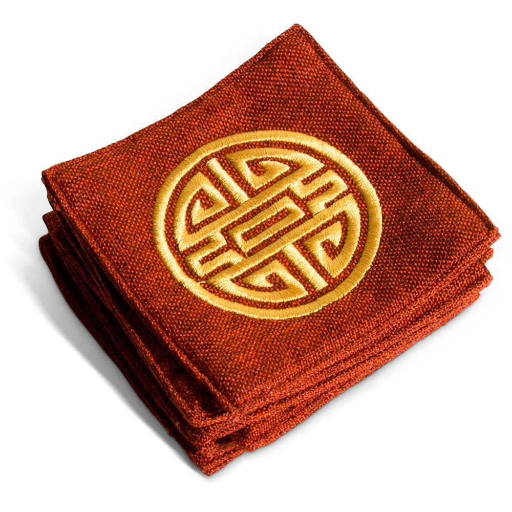 Set of 6 Red Coasters with Embroidered Gold Chinese Longevity Emblem