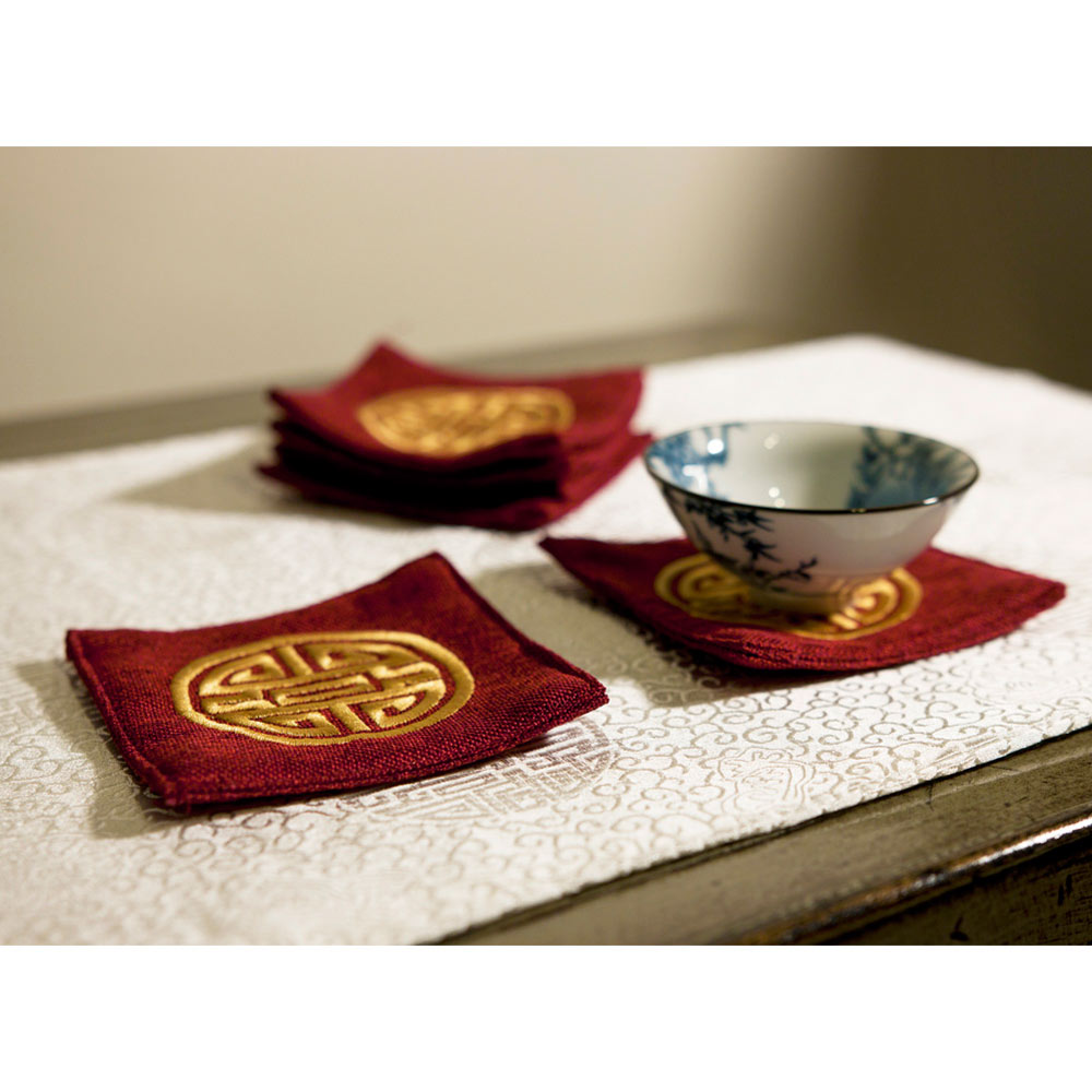 Set of 6 Red Coasters with Embroidered Gold Chinese Longevity Emblem