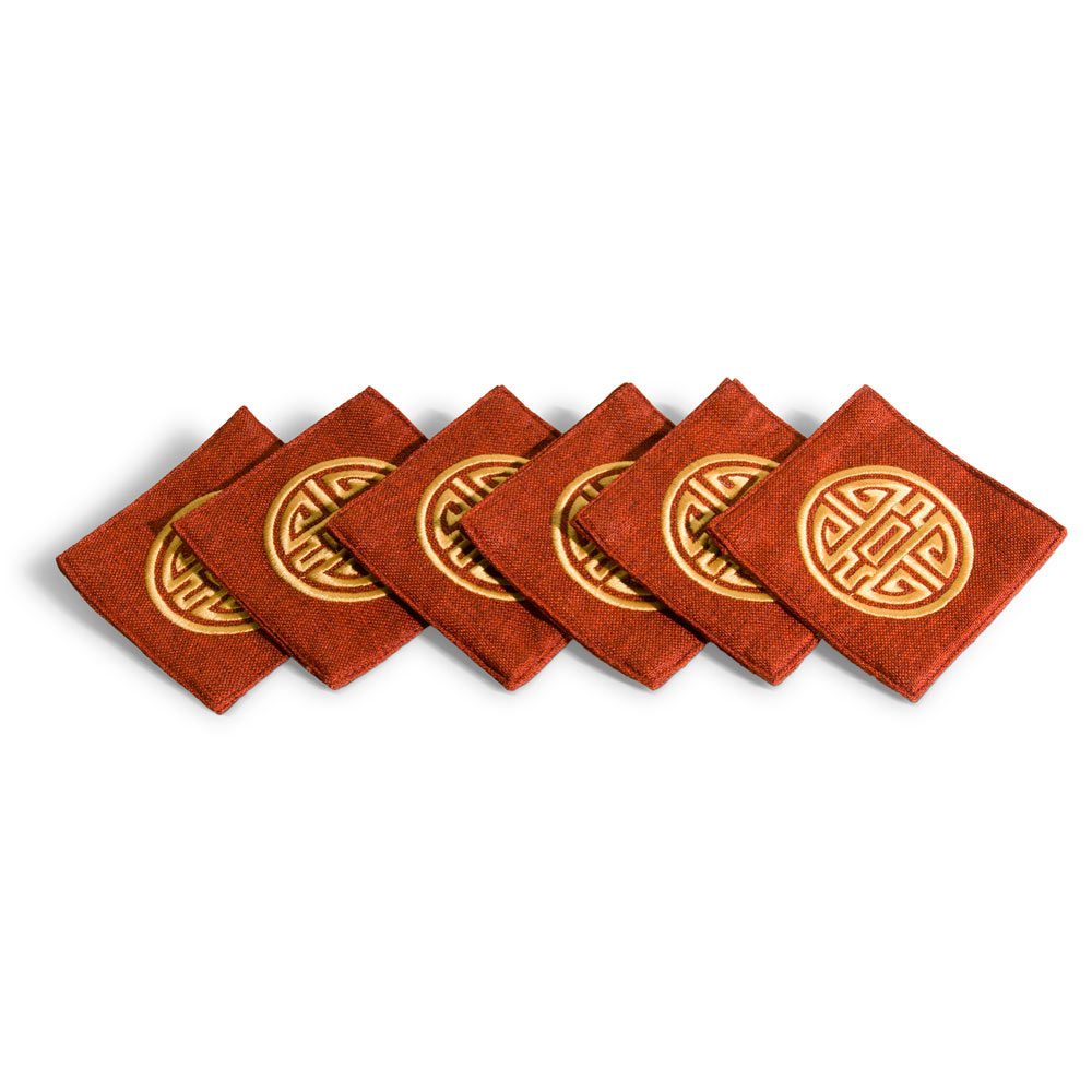 Set of 6 Red Coasters with Embroidered Gold Chinese Longevity Emblem