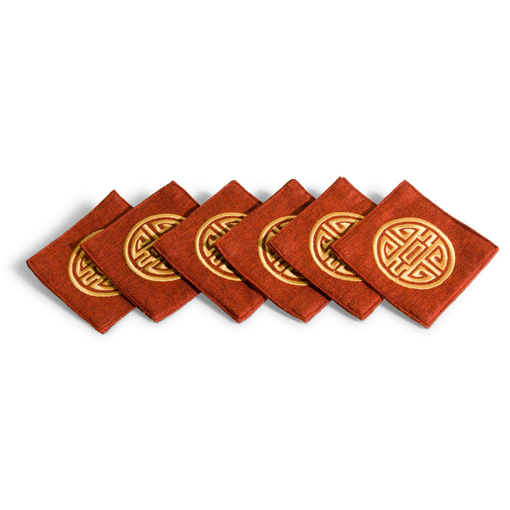 Set of 6 Red Coasters with Embroidered Gold Chinese Longevity Emblem