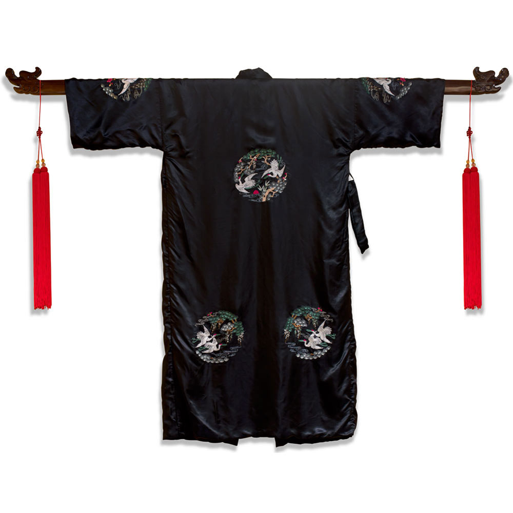 Black Chinese Silk Robe with Crane Motif