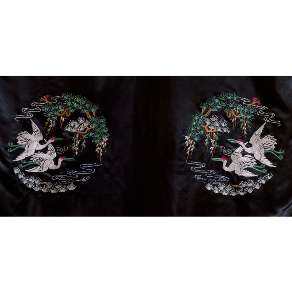 Black Chinese Silk Robe with Crane Motif