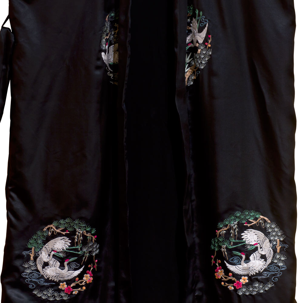 Black Chinese Silk Robe with Crane Motif