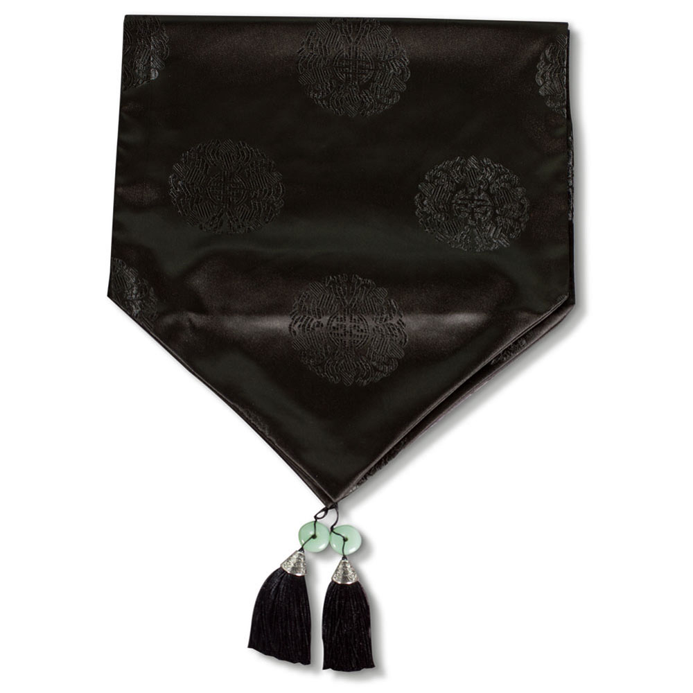 50-Inch Black Silk Chinese Longevity Design Table Runner