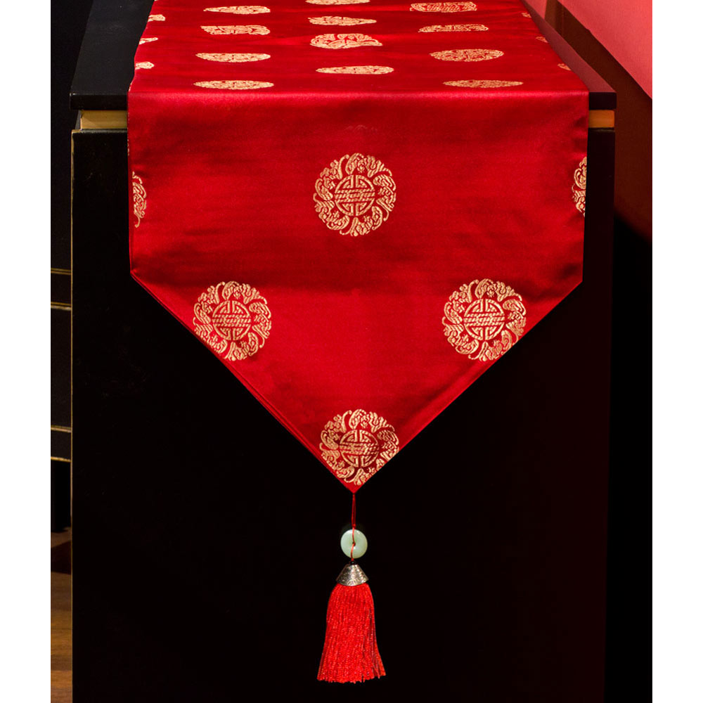 50 Inch Red Silk Chinese Longevity Table Runner