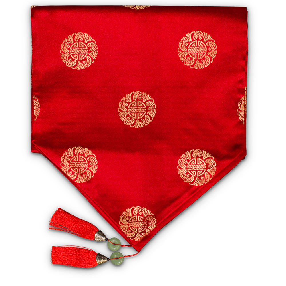 50 Inch Red Silk Chinese Longevity Table Runner