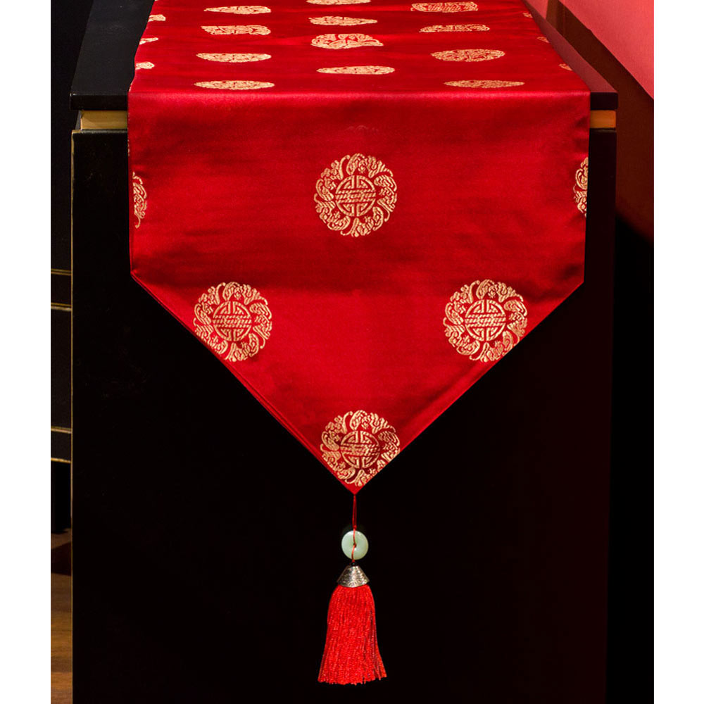 75 Inch Red Silk Chinese Longevity Table Runner