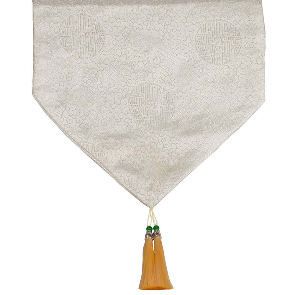 95in White Longevity Motif Chinese Table Runner with Gold Tassels