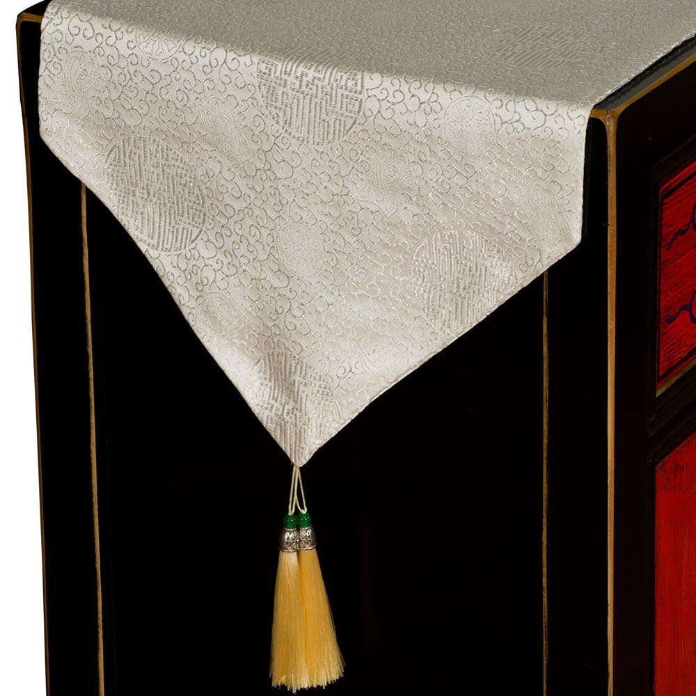 94in White Longevity Motif Chinese Table Runner with Gold Tassels