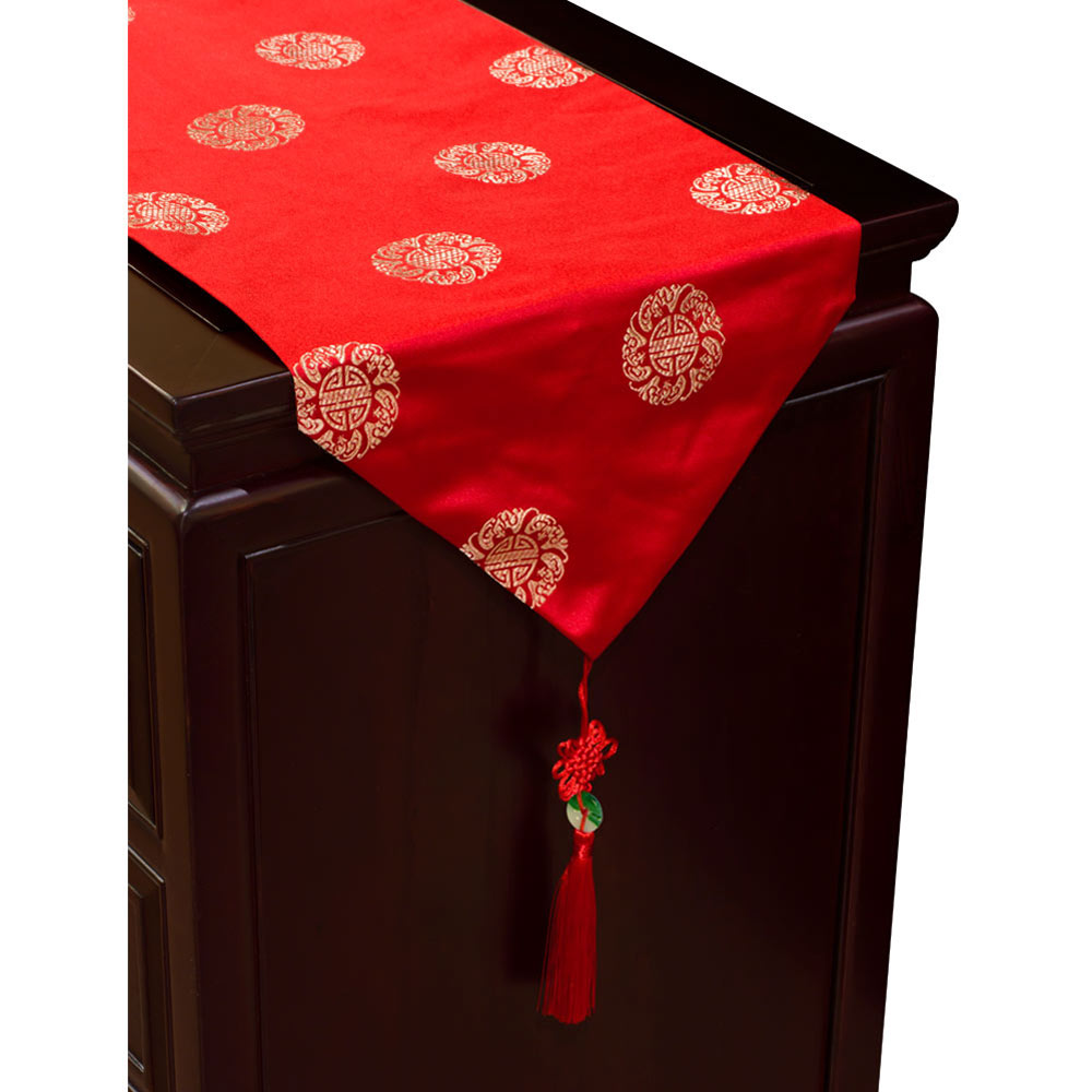 96 Inch Red Silk Chinese Longevity Table Runner