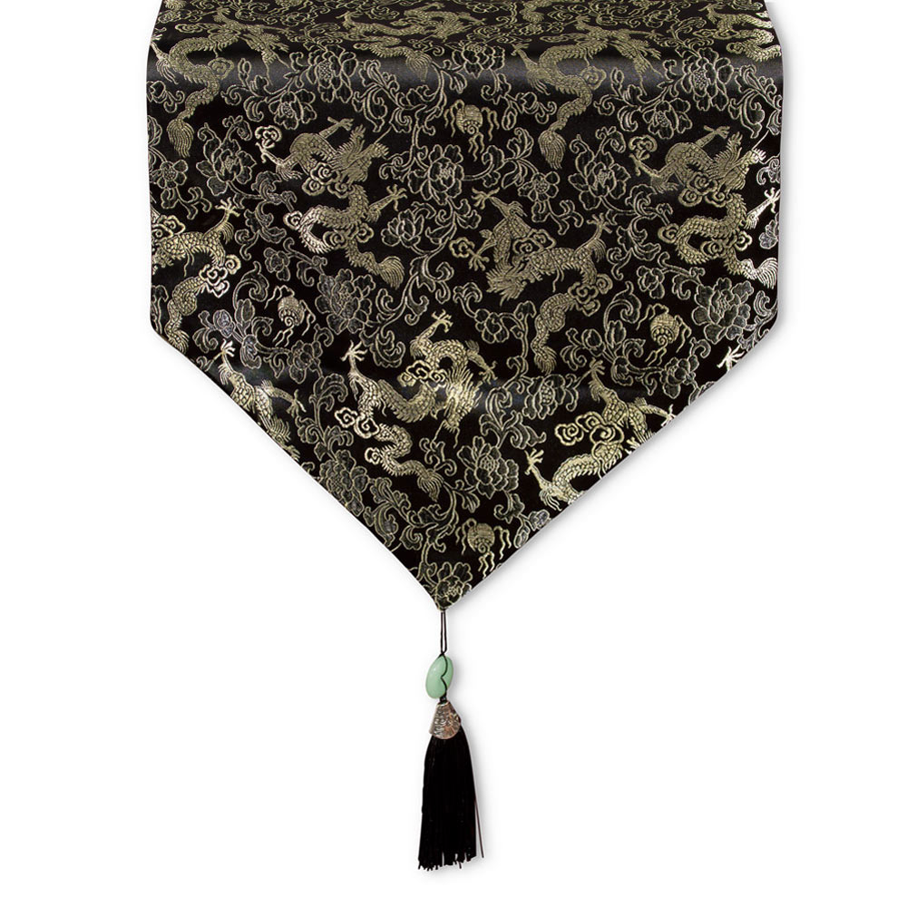 96 Inch Black Silk Chinese Longevity Table Runner