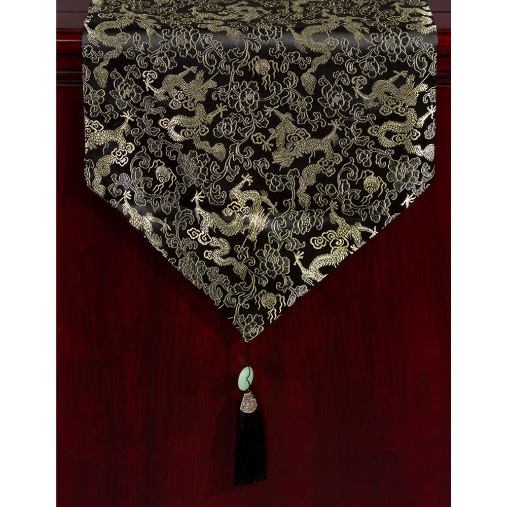 95 Inch Black Silk Chinese Longevity Table Runner