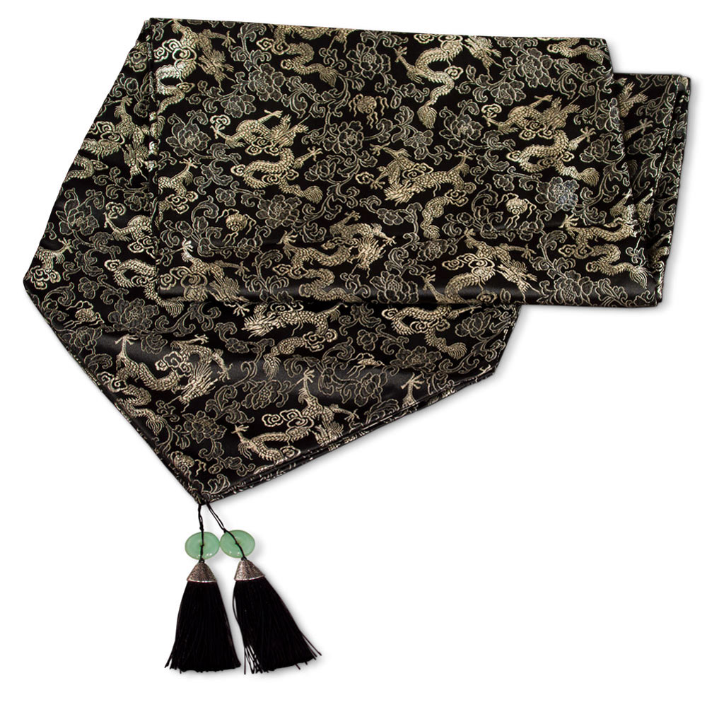 96 Inch Black Silk Chinese Longevity Table Runner