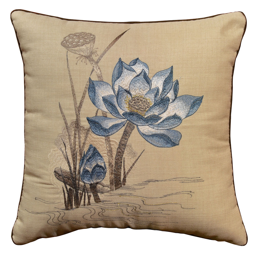 Beige Chinese Linen Lotus Flower Embroidered Pillow