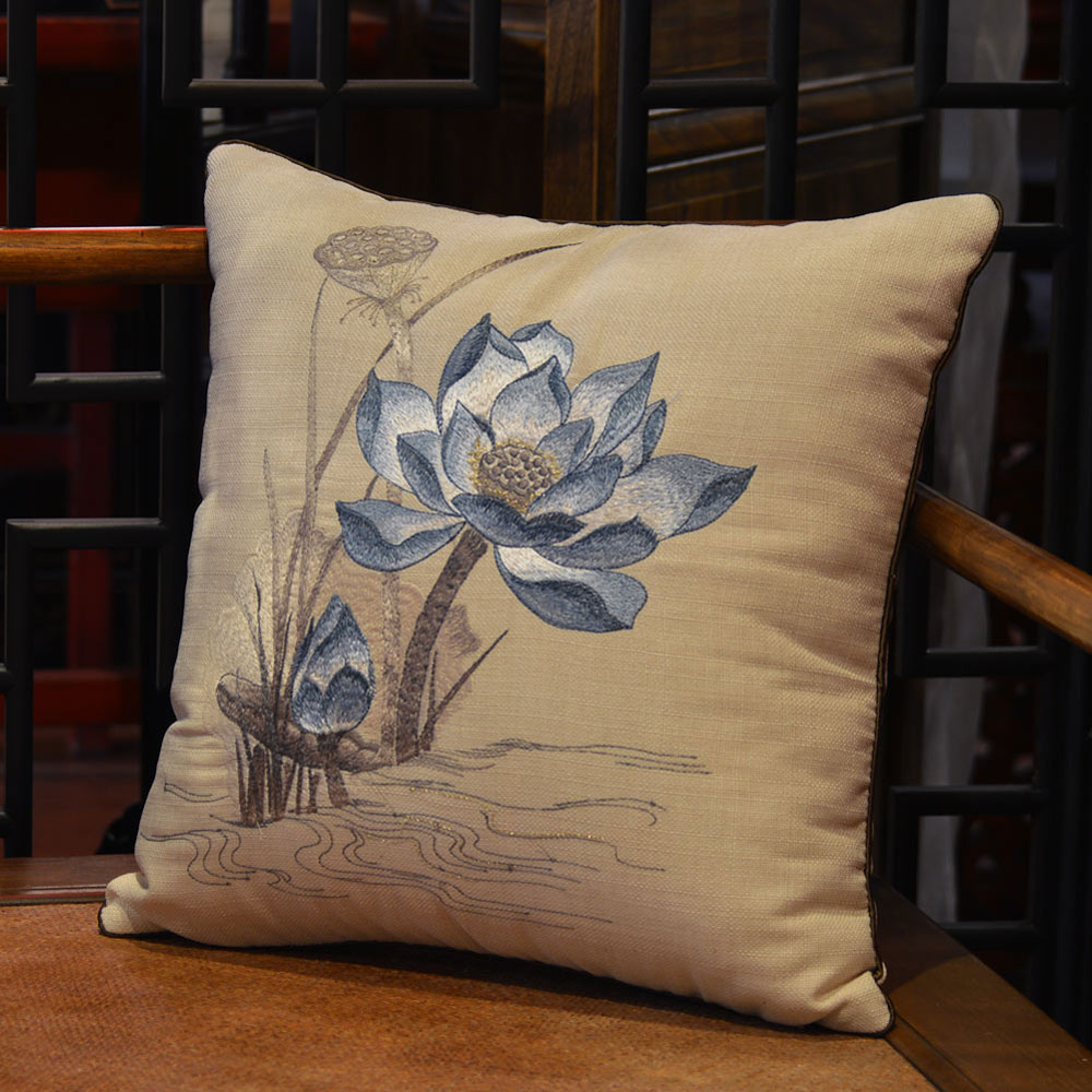 Beige Chinese Linen Lotus Flower Embroidered Pillow