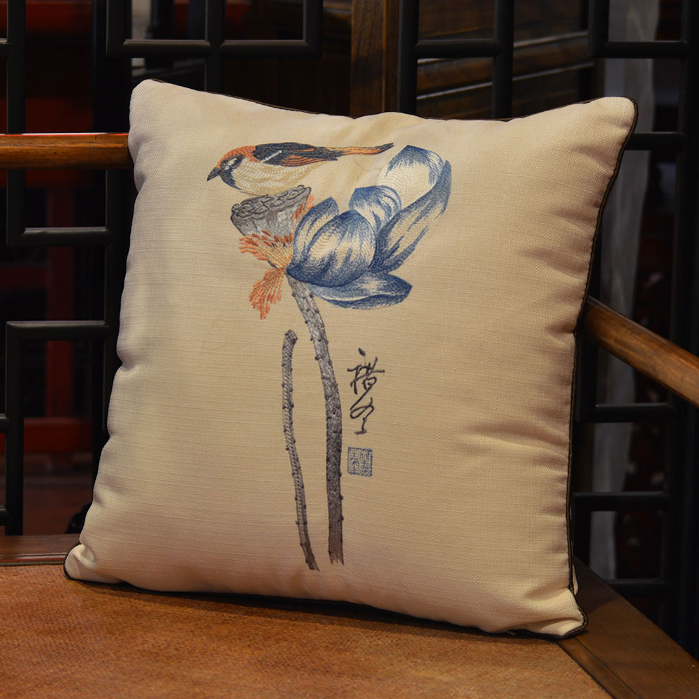 Beige Chinese Linen Bird and Lotus Flower Embroidered Pillow