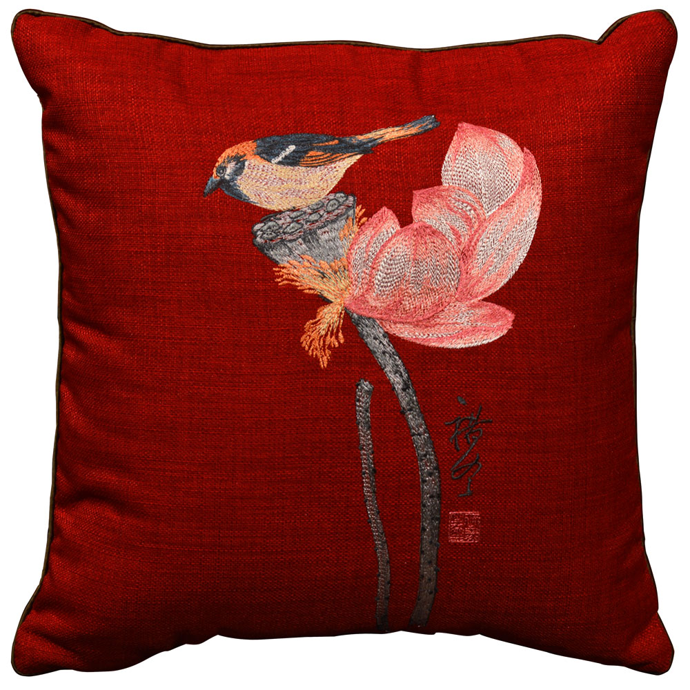 Red Chinese Linen Bird and Lotus Flower Embroidered Pillow