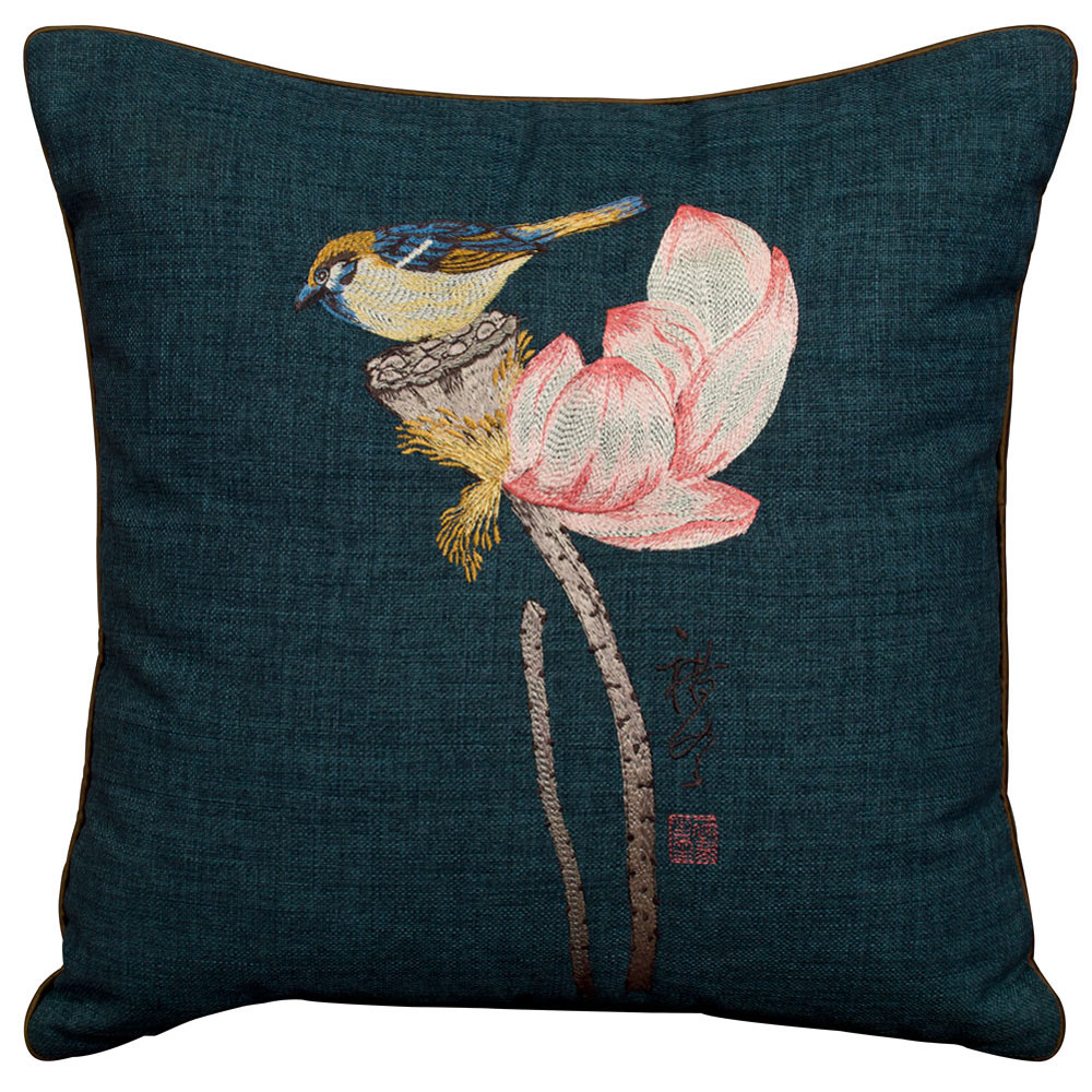 Navy Blue Chinese Linen Bird and Lotus Flower Embroidered Pillow