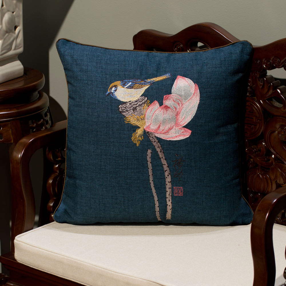 Navy Blue Chinese Linen Bird and Lotus Flower Embroidered Pillow