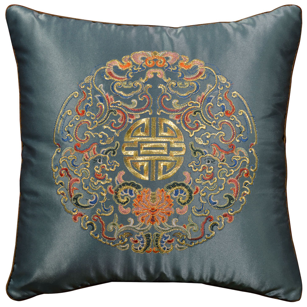 Light Blue Chinese Silk Longevity Pillow