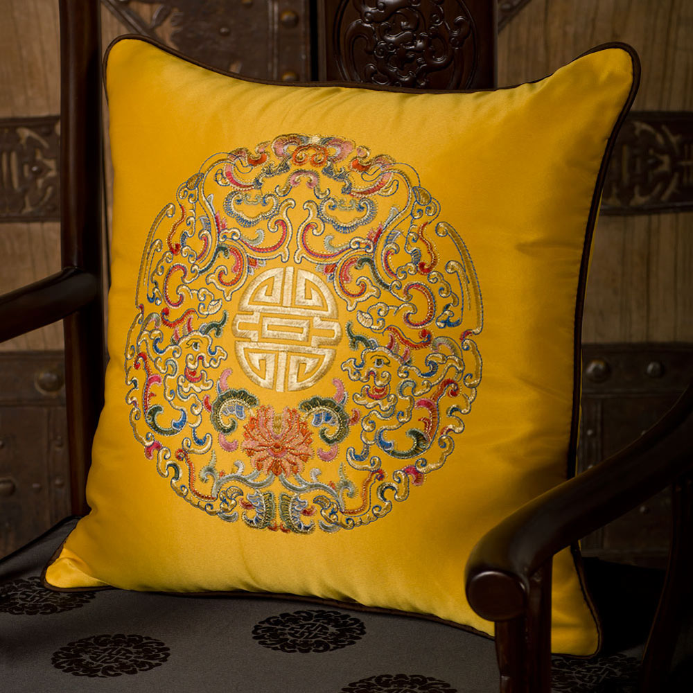 Gold Embroidered Longevity Motif Chinese Silk Pillow