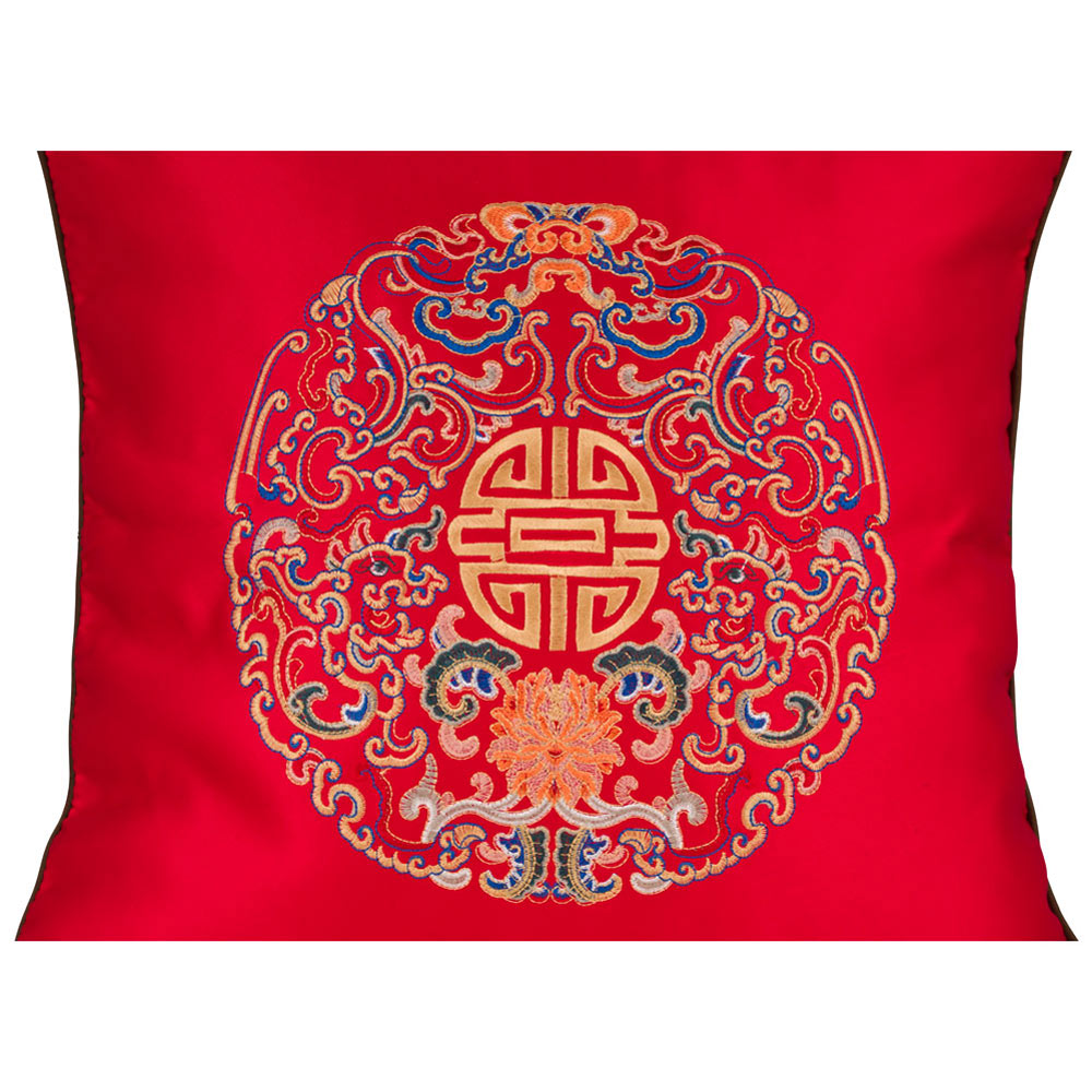 Royal Red Embroidered Longevity Motif Chinese Silk Pillow