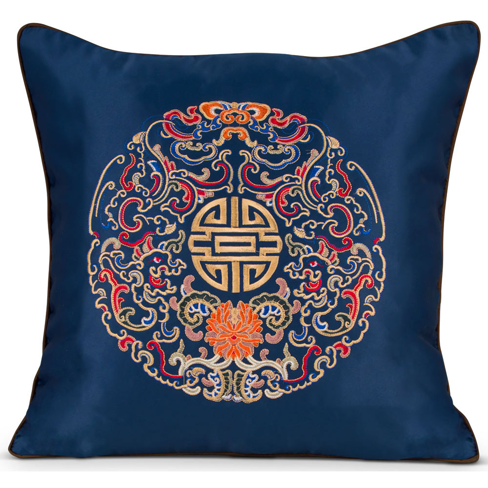 Royal Blue Embroidered Longevity Motif Chinese Silk Pillow