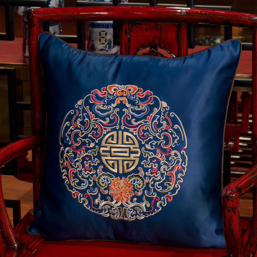 Royal Blue Embroidered Longevity Motif Chinese Silk Pillow