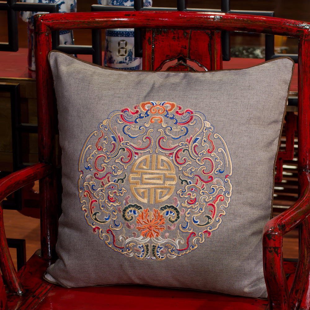 Earthen Embroidered Longevity Motif Chinese Linen Pillow