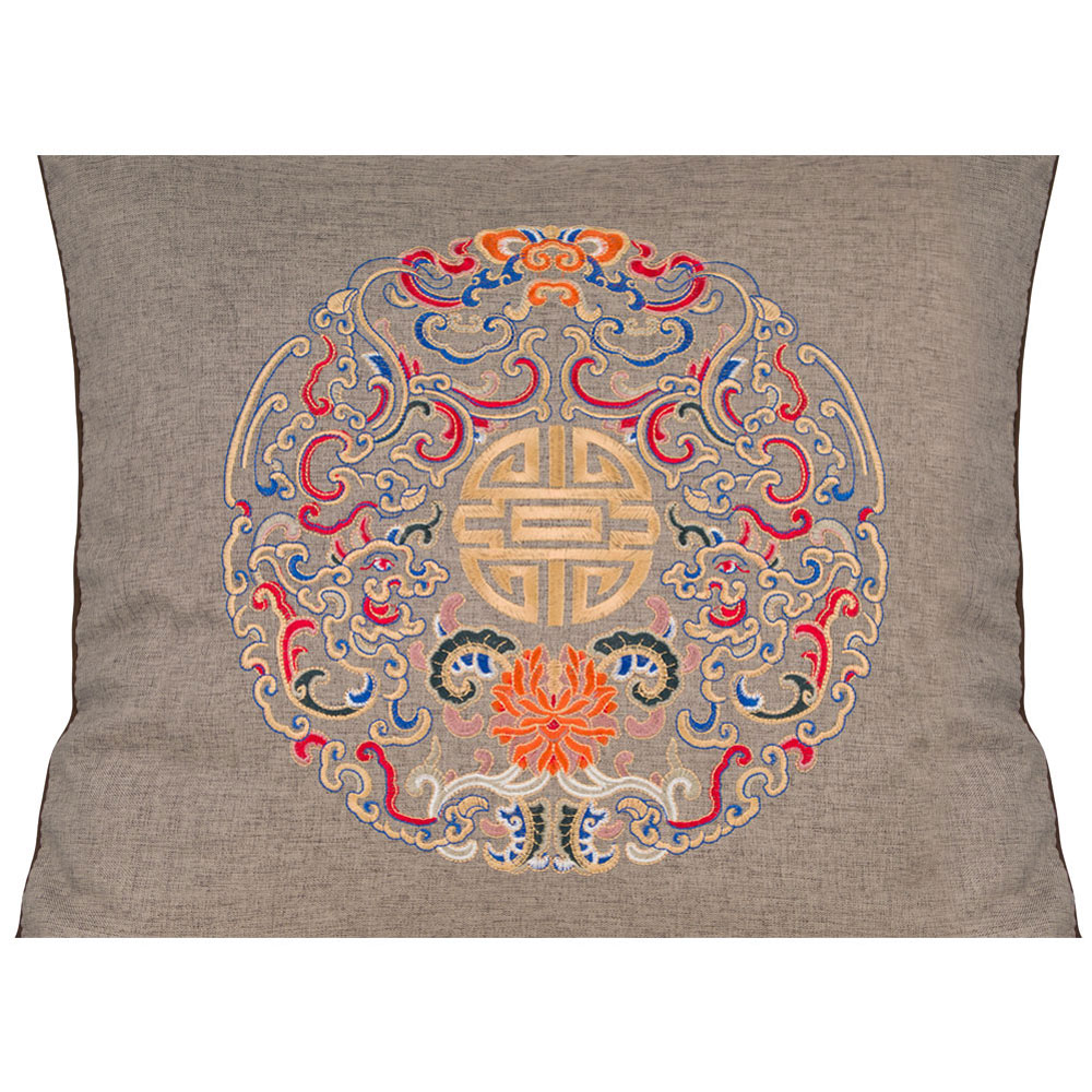 Earthen Embroidered Longevity Motif Chinese Linen Pillow