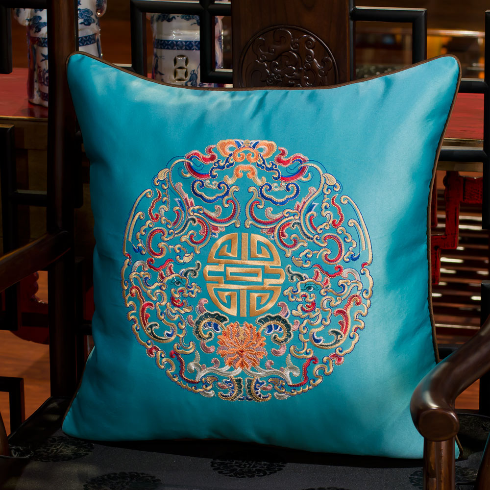Aqua Blue Embroidered Longevity Motif Chinese Silk Pillow