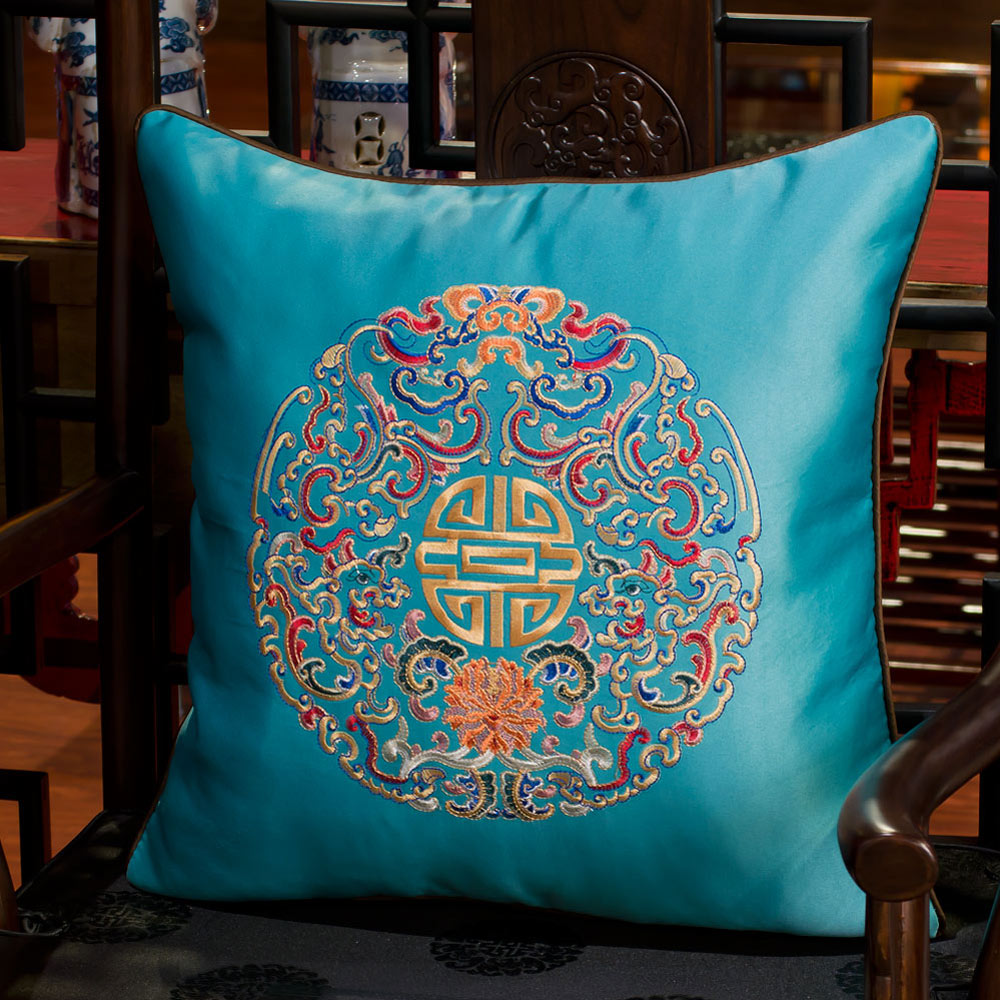 Aqua Blue Embroidered Longevity Motif Chinese Silk Pillow