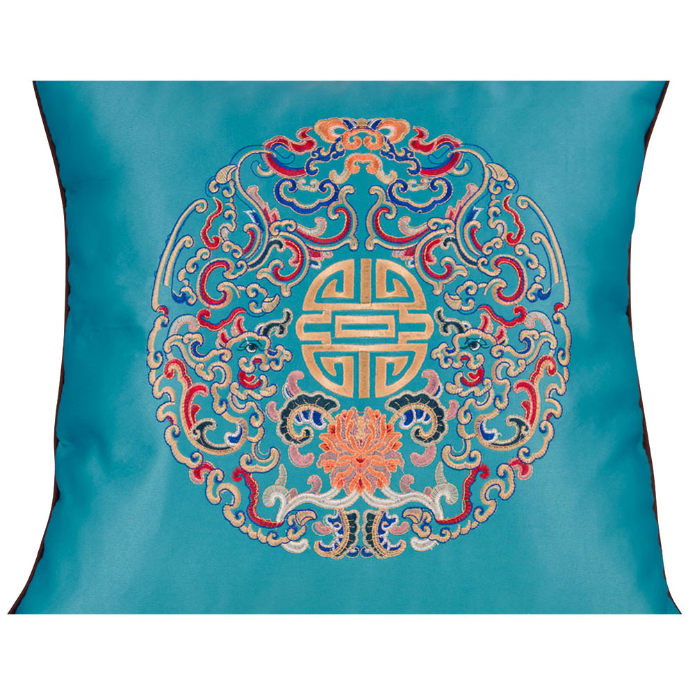 Aqua Blue Embroidered Longevity Motif Chinese Silk Pillow