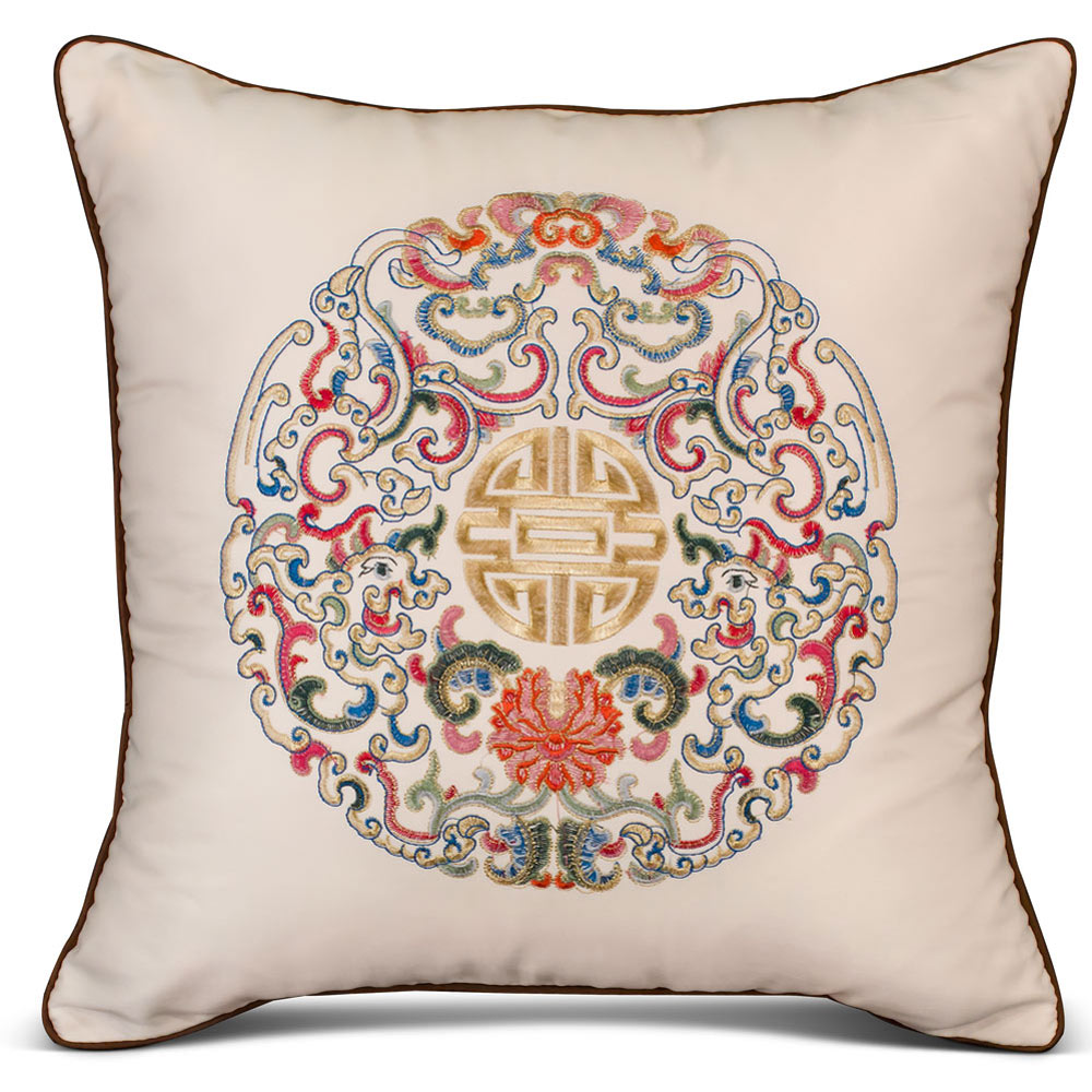 Ivory White Embroidered Longevity Motif Chinese Pillow