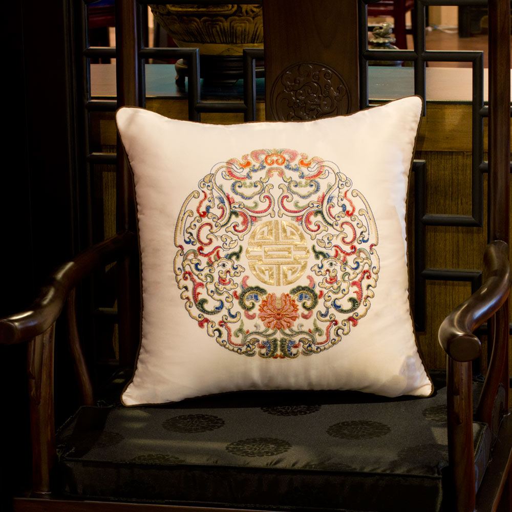 Ivory White Embroidered Longevity Motif Chinese Pillow