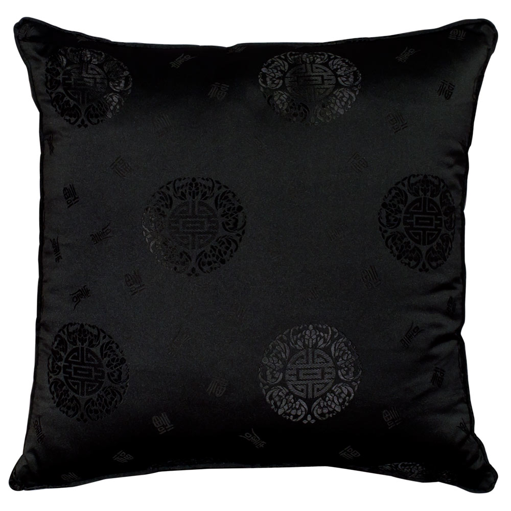 Black Longevity Motif Chinese Silk Pillow (#14)