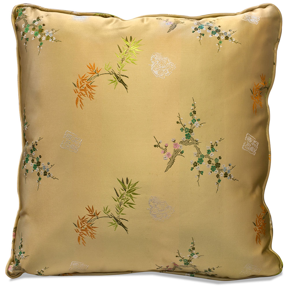 Gold Chinese Silk Floral Pillow