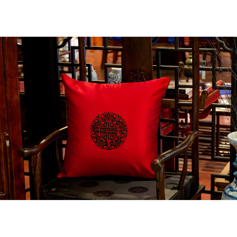 Red Pillow with Embroidered Black Chinese Longevity Motif