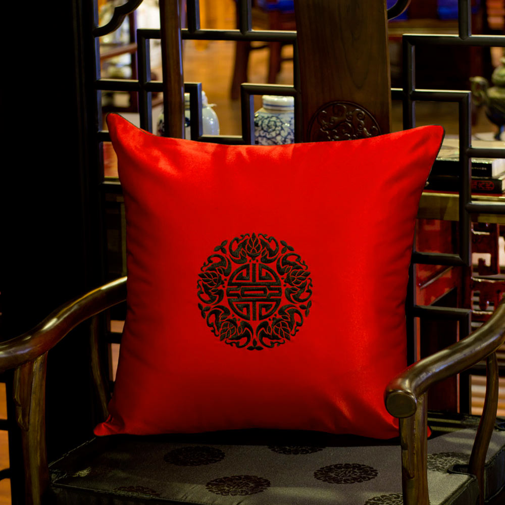 Red Pillow with Embroidered Black Chinese Longevity Motif