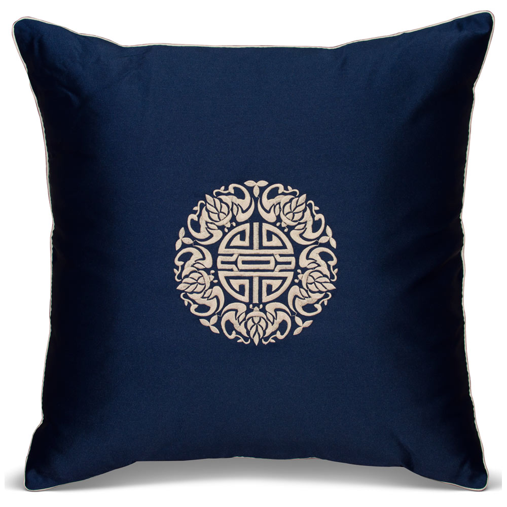 Midnight Blue Chinese Silk Longevity Pillow