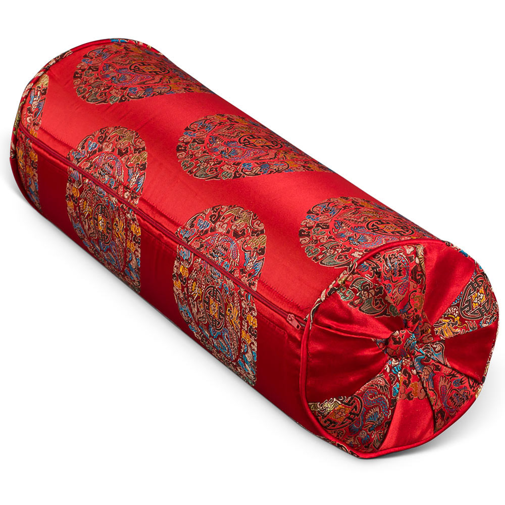 Red Chinese Silk Longevity Motif Bolster Pillow (#36)