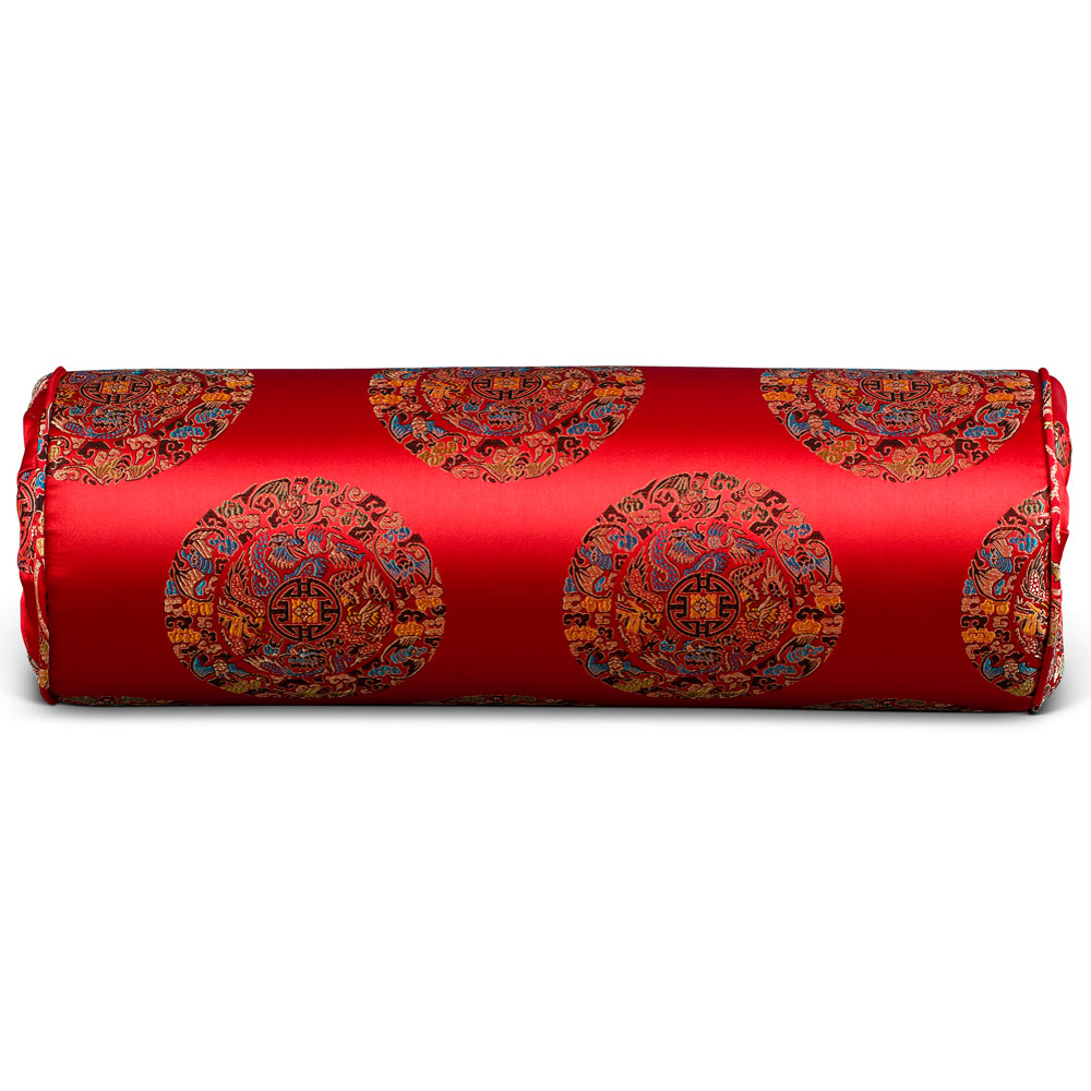 Red Chinese Silk Longevity Motif Bolster Pillow (#36)