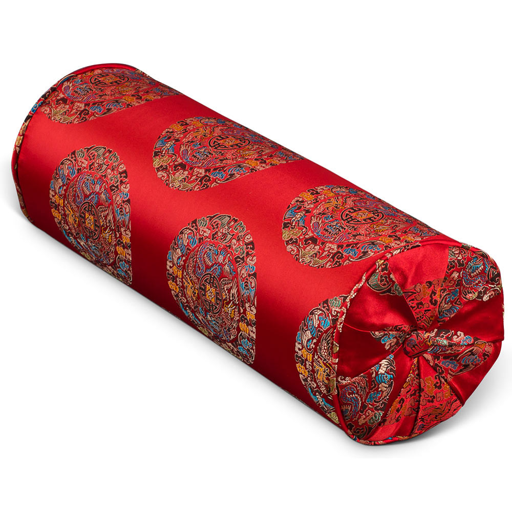 Red Chinese Silk Longevity Motif Bolster Pillow (#36)