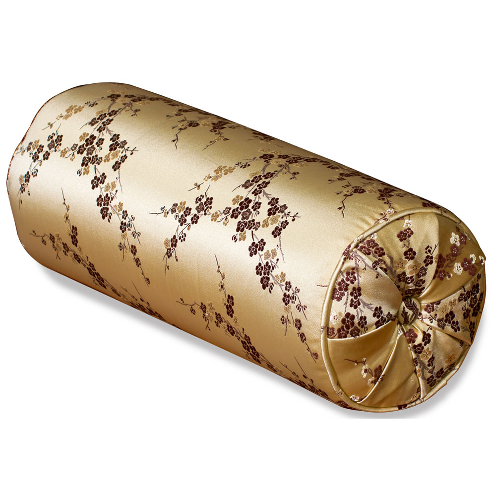 Gold Silk Plum Blossom Motif Chinese Bolster Pillow