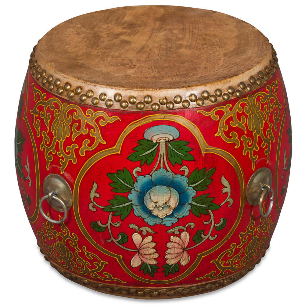 15in Tibetan Ceremonial Drum with Hand Painted Floral Art