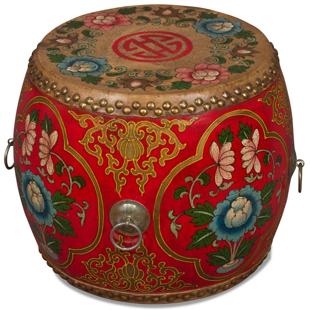 15in Tibetan Ceremonial Drum with Hand Painted Floral Art