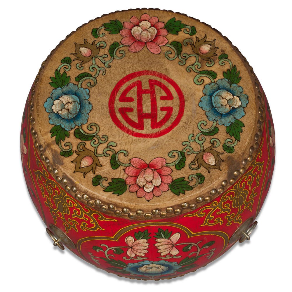 15in Tibetan Ceremonial Drum with Hand Painted Floral Art