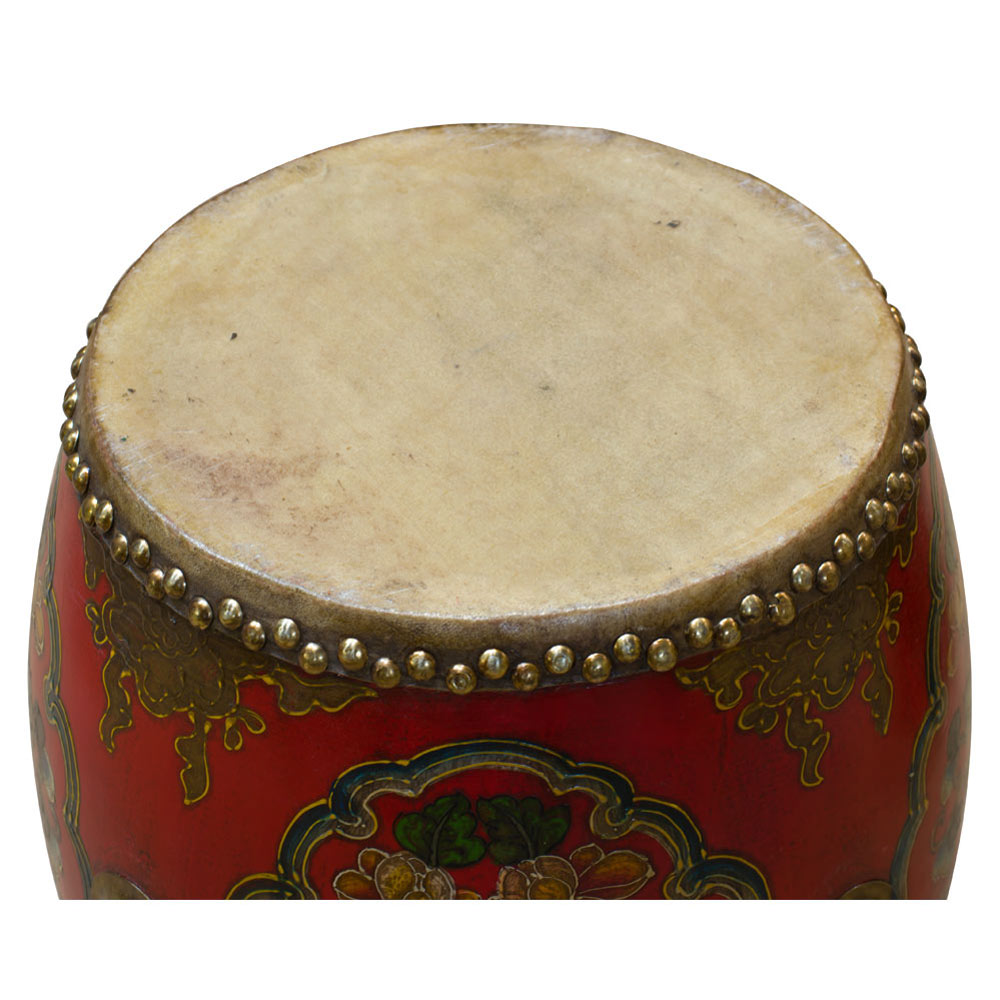 Tibetan Ceremonial Drum with Hand Painted Floral Art