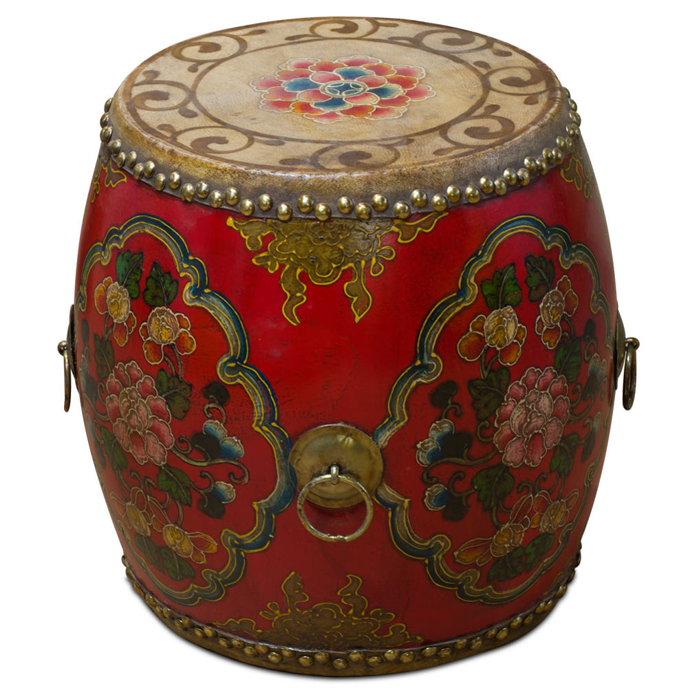 Tibetan Ceremonial Drum with Hand Painted Floral Art