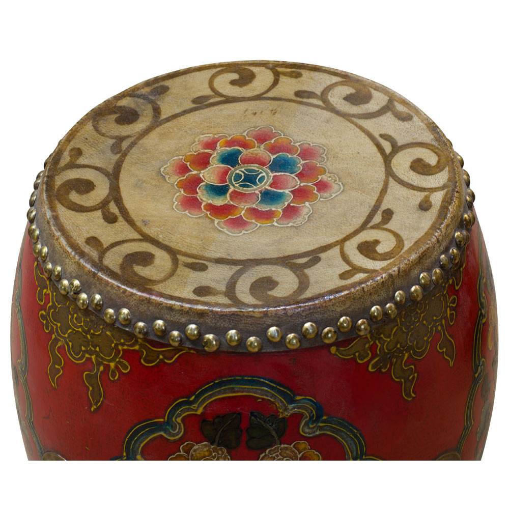 Tibetan Ceremonial Drum with Hand Painted Floral Art